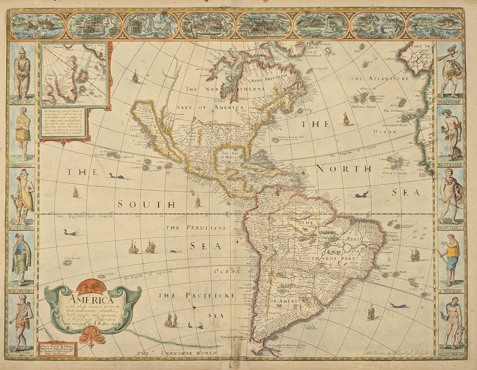 John Speed. "America". 1626 hand colored map of North and South America. Top border with views of (1 of 7)