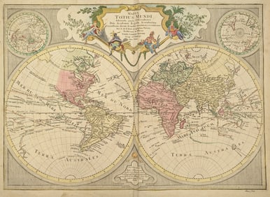 Conrad Tobias Lotter. Mappa Totius Mundi. Mid 18th century hand colored engraved map of the world.
