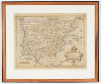 Abraham Ortelius. 17th century hand colored engraved double page map of Spain and Portugal. "Regni