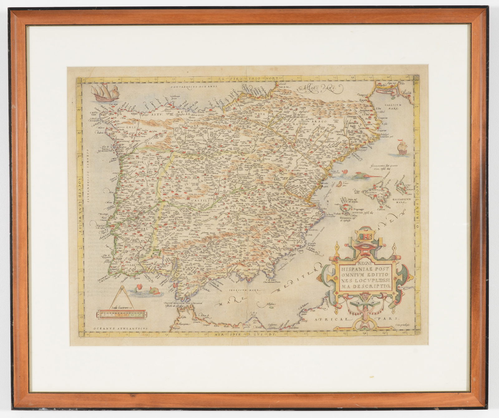 Abraham Ortelius. 17th century hand colored engraved double page map of Spain and Portugal. "Regni: Abraham Ortelius. 17th century hand colored engraved double page map of Spain and Portugal. "Regni Hispaniae Post Omnium Editiones Locuplessima Descriptio." Framed under glass. Overall: 23 x 27in.