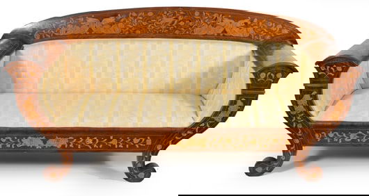 19th century Austrian classical marquetry inlaid settee with scrolled arms. Cornucopia, floral, and