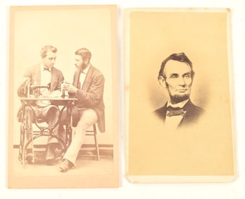 2 CDV photographs. 1) Trades image of two tailors seated at a sewing machine. Everett photographer,