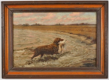 John Martin Tracy. American. 19th century sporting scene with an Irish Setter returning downed fowl