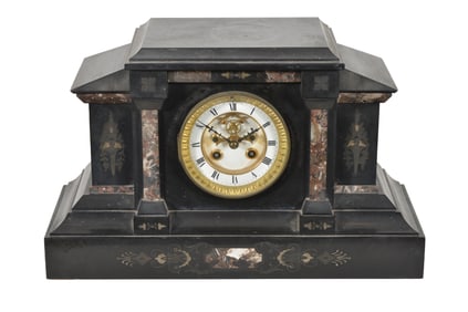 Empire style slate and marble shelf clock with enamel and gilt brass dial. Time and strike with