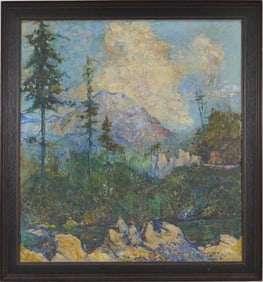 Early 20th century American Western/Canadian school large impressionist mountain landscape with two