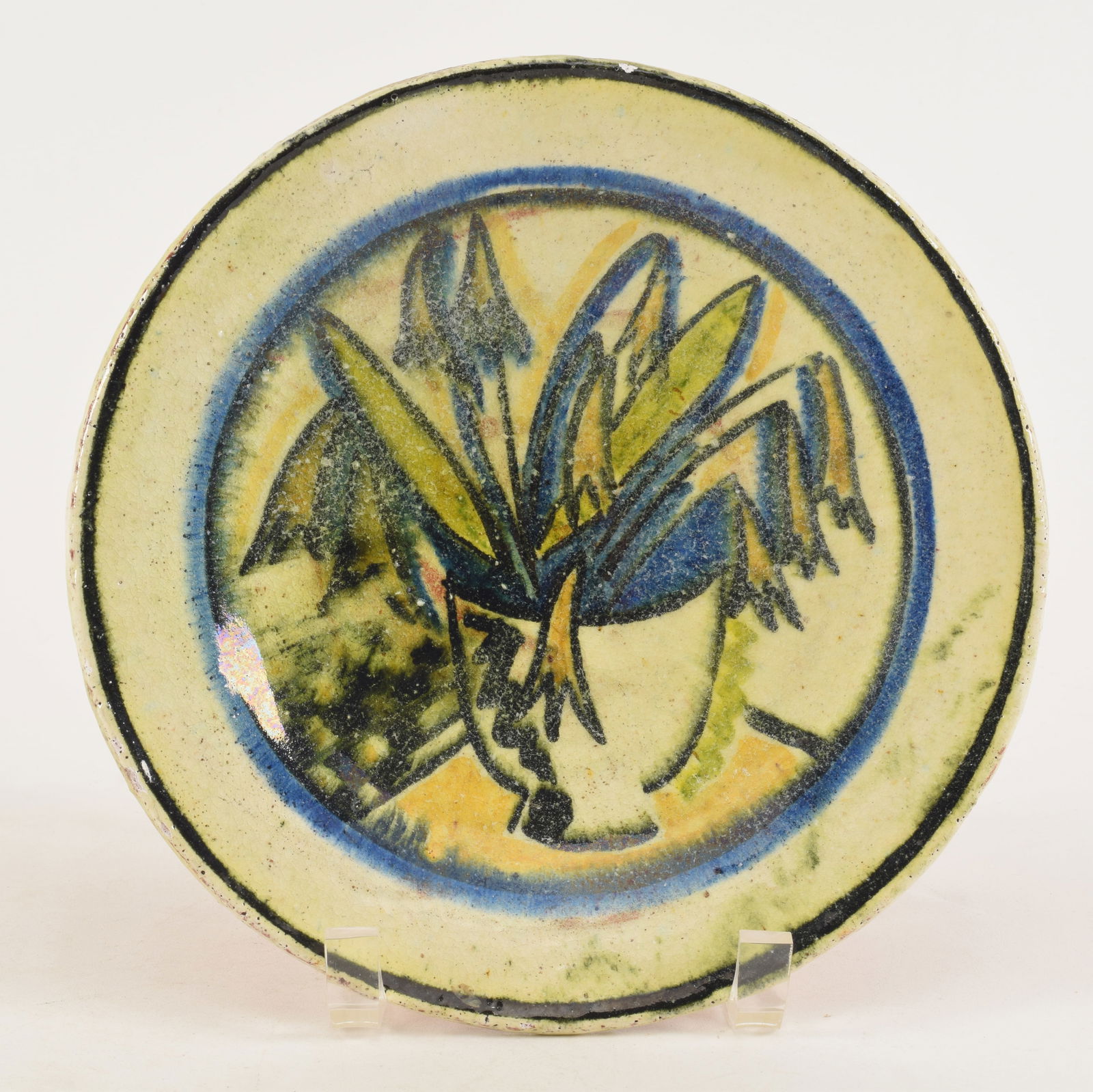 Henry Varnum Poor glazed art pottery dish. Tabletop still life of flowers in a vase. Blue and black (1 of 6)