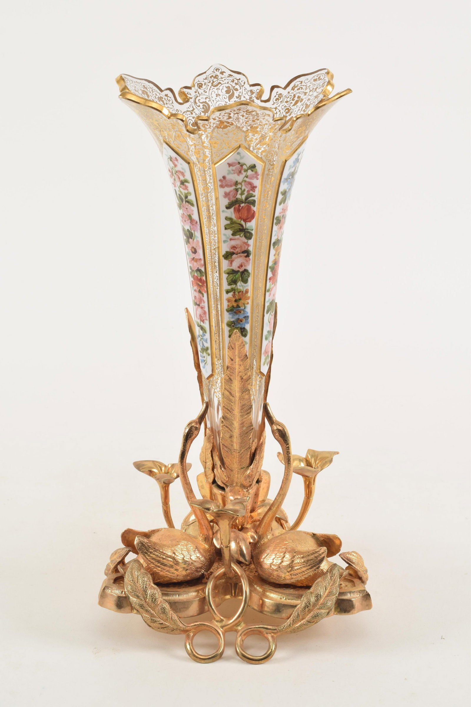 Bohemian glass vase in gilt bronze base with white loral and gilt decorations. Height 15 in.: Bohemian glass vase in gilt bronze base with white loral and gilt decorations. Height 15 in.
