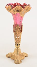 French ruby glass and floral decorated vase with gilt bronze frame, 19th Century. Height 10/5 in