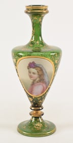 Green Bohemian glass portrait vase with gilt decorations. Height 12 in