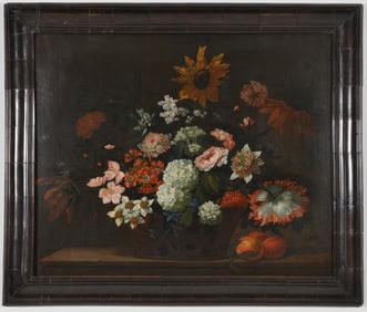 John Baptiste Manoyer school old master still life depicting basket of flowers and fruit on a stone