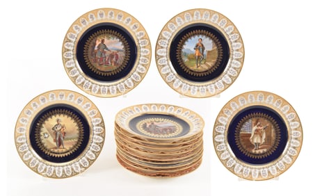 Sevres "Service de la Chevalerie" ornate hand painted porcelain plates. Early-mid 19th century. Set