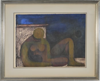 Byron Galvez. Mexico. "Figura Yacente". Abstract seated figure. Mixed media. Signed lower right.