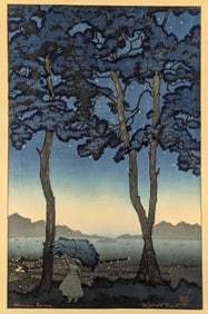 Elizabeth Keith. "Wonsan, Korea". Original color woodblock print depicting a hay farmer in evening