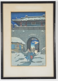 Elizabeth Keith. "Returning from the Funeral, Korea". Original color woodblock print. Monogrammed
