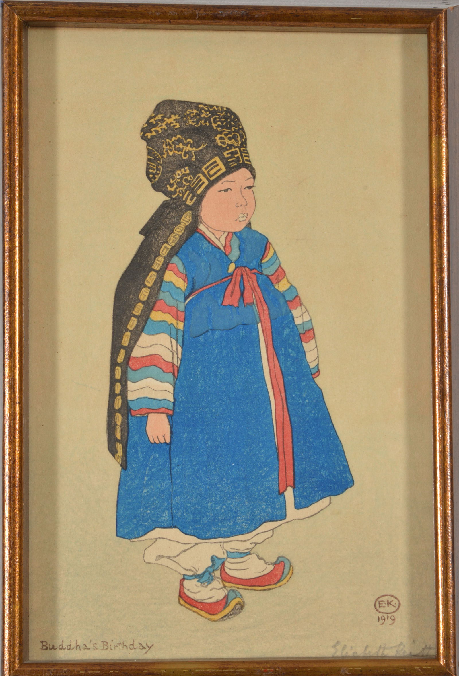 Elizabeth Keith. "Buddha's Birthday". Original color woodblock print. Monogrammed and dated 1919 in (1 of 6)