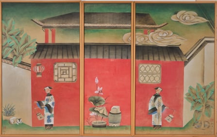 Mid 20th century Asian/French school fine quality 3-part mixed media painting. Western style