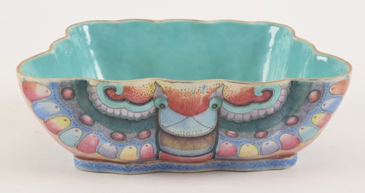 19th century Chinese butterfly shaped deep porcelain dish. Turquoise interior and base. Fine quality