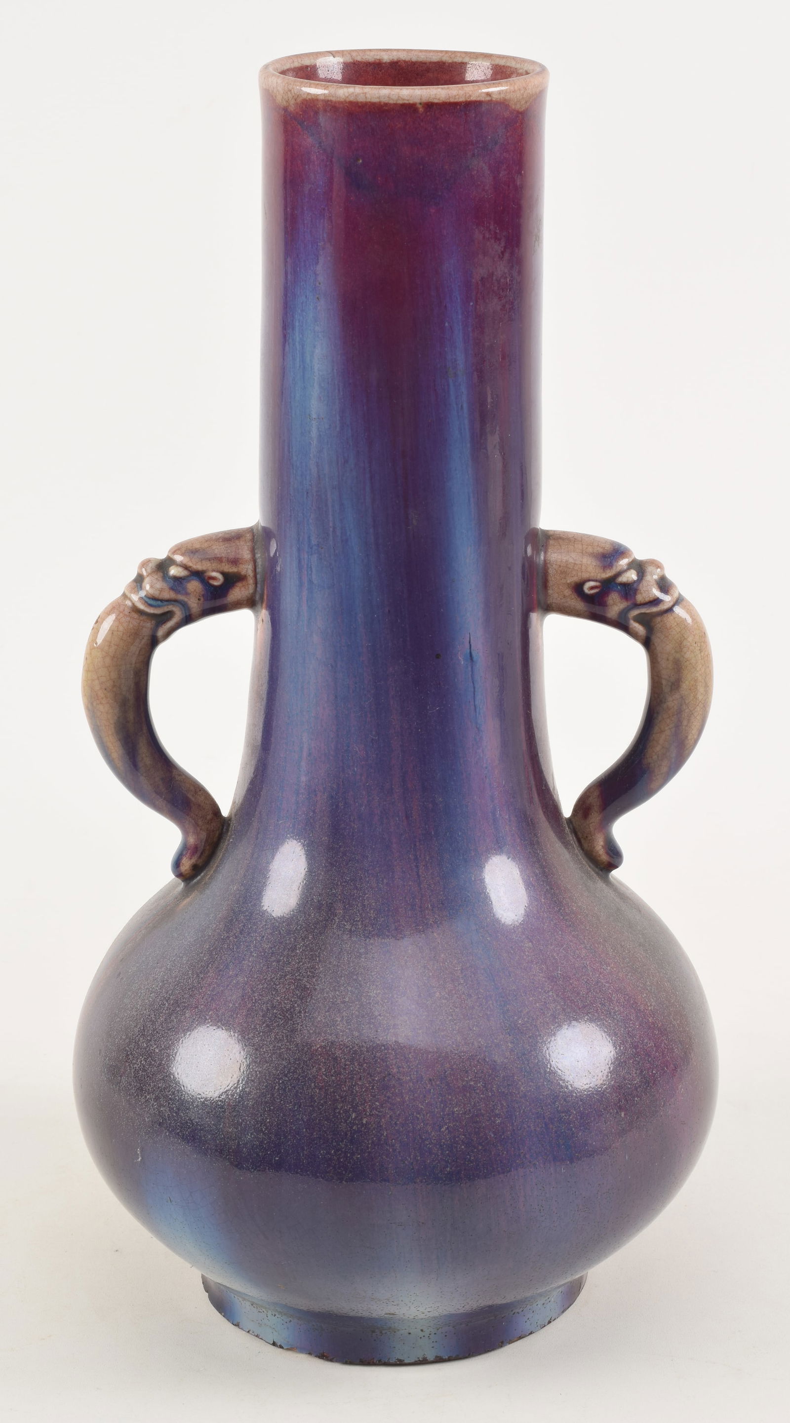 Large 18th century Chinese flambe glaze vase with beast form handles. Fine color variations. Fine (1 of 7)