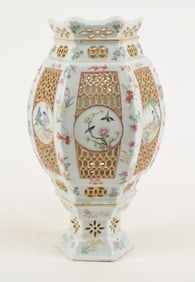 19th/20th century Chinese famille rose pierced porcelain lantern with floral and figural decorations