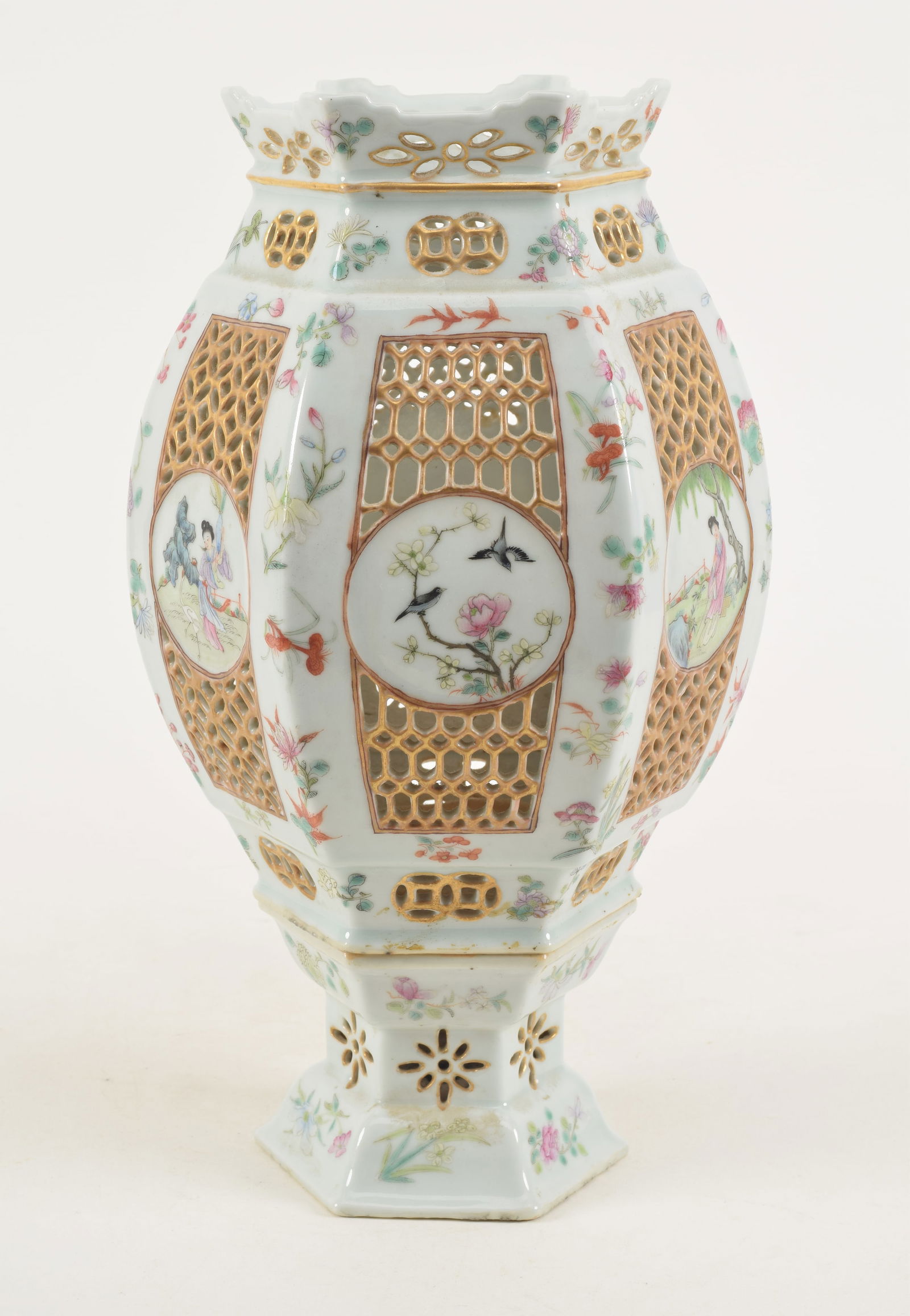 19th/20th century Chinese famille rose pierced porcelain lantern with floral and figural decorations (1 of 9)