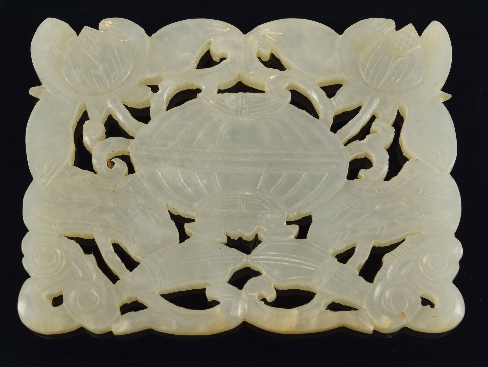Chinese pale celadon jade pierced floral decorated plaque. 3 x 2.125in. (1 of 4)