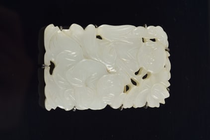 19th century Chinese white jade rectangular plaque with He He twins decoration. Mounted with silver