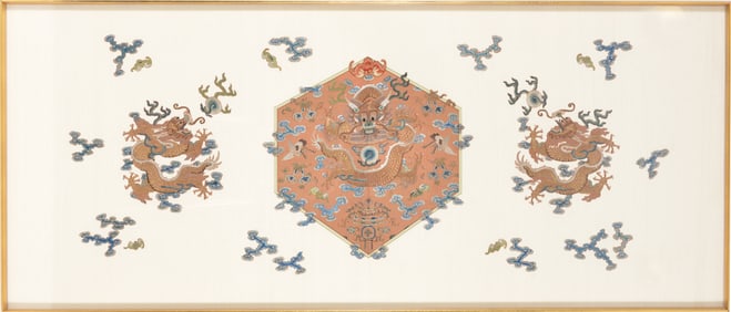 Fragments of embroidery. China. 18th century. Gold embroidery on a red ground with dragons. Mounted