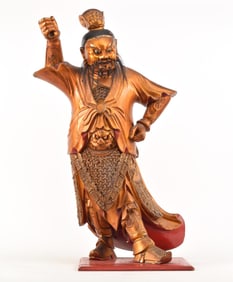 Large Chinese 19th century carved and gilt wood standing warrior. Fine quality decoration. Natural