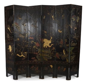 Chinese 6-panel coromandel screen, dated Chien Lung period. Decoration of cranes and ducks in a pond