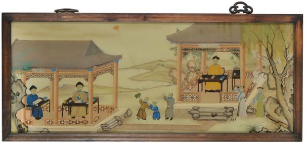 Early 20th century Chinese painting on glass of figures in a pavilion landscape. Framed.
