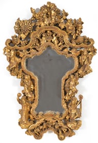 Elaborate gilt carved Chinese mirror with detailed figural and foliate carving, late 19th Century.