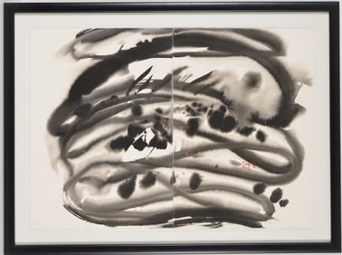 Haiwen Tang. China. Large ink abstract 2-sectional painting. Signed in red. Framed under glass.