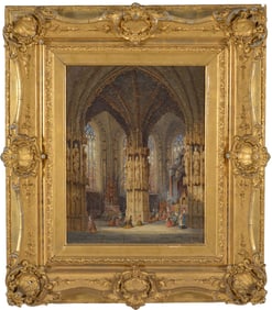 Henry Thomas Schafer. "Ratisbon Cathedral, Germany". Cathedral interior painting. Signed lower