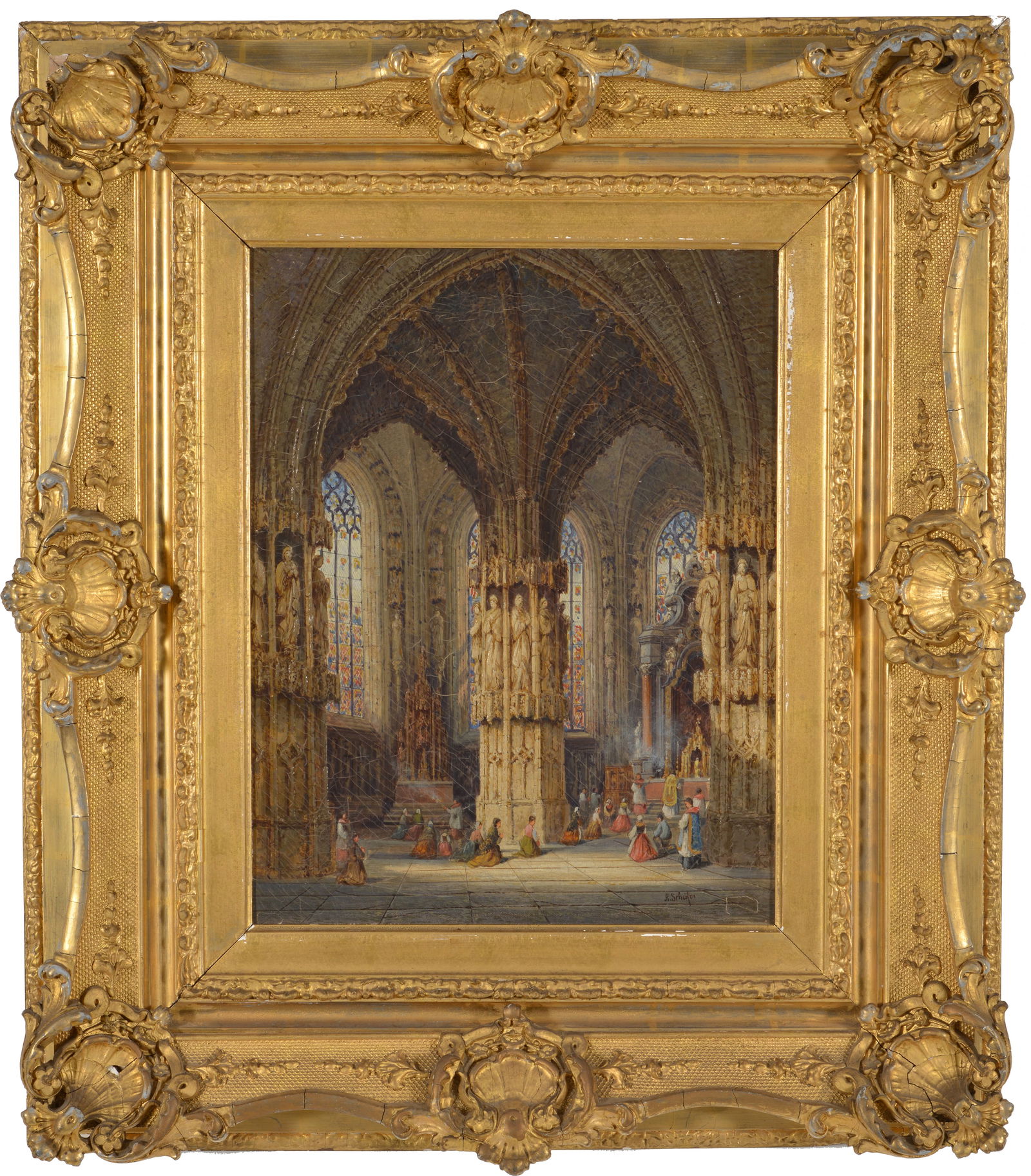 Henry Thomas Schafer. "Ratisbon Cathedral, Germany". Cathedral interior painting. Signed lower: Henry Thomas Schafer. "Ratisbon Cathedral, Germany". Cathedral interior painting. Signed lower right. Signed and titled on reverse. Frame with losses. Sight: 18 x 14in. Overall: 29.5 x 25in. Craquelur