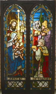 19th century or earlier English gothic leaded glass windows removed from Belcourt Castle in Newport,: 19th century or earlier English gothic leaded glass windows removed from Belcourt Castle in Newport, Rhode Island. Double frame windows depicting The Adoration of the Maji. Overall size: 72.5 x 41.5in