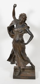 Alexandre Levasseur. French. "Fete des Fleurs". Standing woman with flowers. Large bronze sculpture.