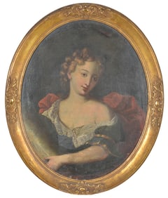 17th/18th century old master portrait of a young woman draped in green and red dress. Oval form. Oil