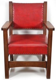 Gustav Stickley armchair, #1296, Eastwood, NY, circa 1905. Red caliper decal. Oak, replaced