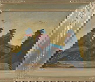 Armin Carl Hansen. California 1886-1957. Three fisherman in a boat. Oil on canvas board. Signed