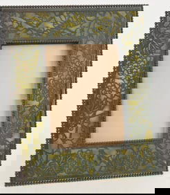 Tiffany Studios bronze overlay green slag glass picture frame, early 20th century. Marked on