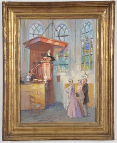 Gari Melchers. "The Christening". Colorful impressionist scene of a family at a christening in a