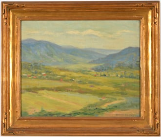 Edith Briscoe Stevens. California valley landscape. Titled and dated on reverse La Cresenta,
