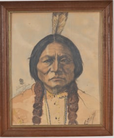 19th/20th century portrait of sitting bull. Mixed media on paper board. Possibly signed and with