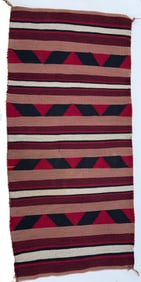 Navajo wool saddle blanket, first half 20th century. Geometric design in black, red and tan colors.