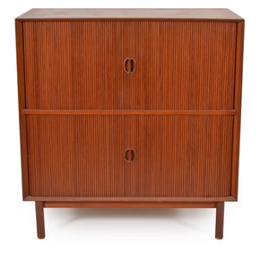 Peter Hvildt attributed mid century modern teak cabinet with tambour doors. Cylindrical feet and
