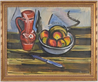 Ben Benn. Ukrainian-American. Still life with pitcher and bowl of fruit. Signed and dated lower