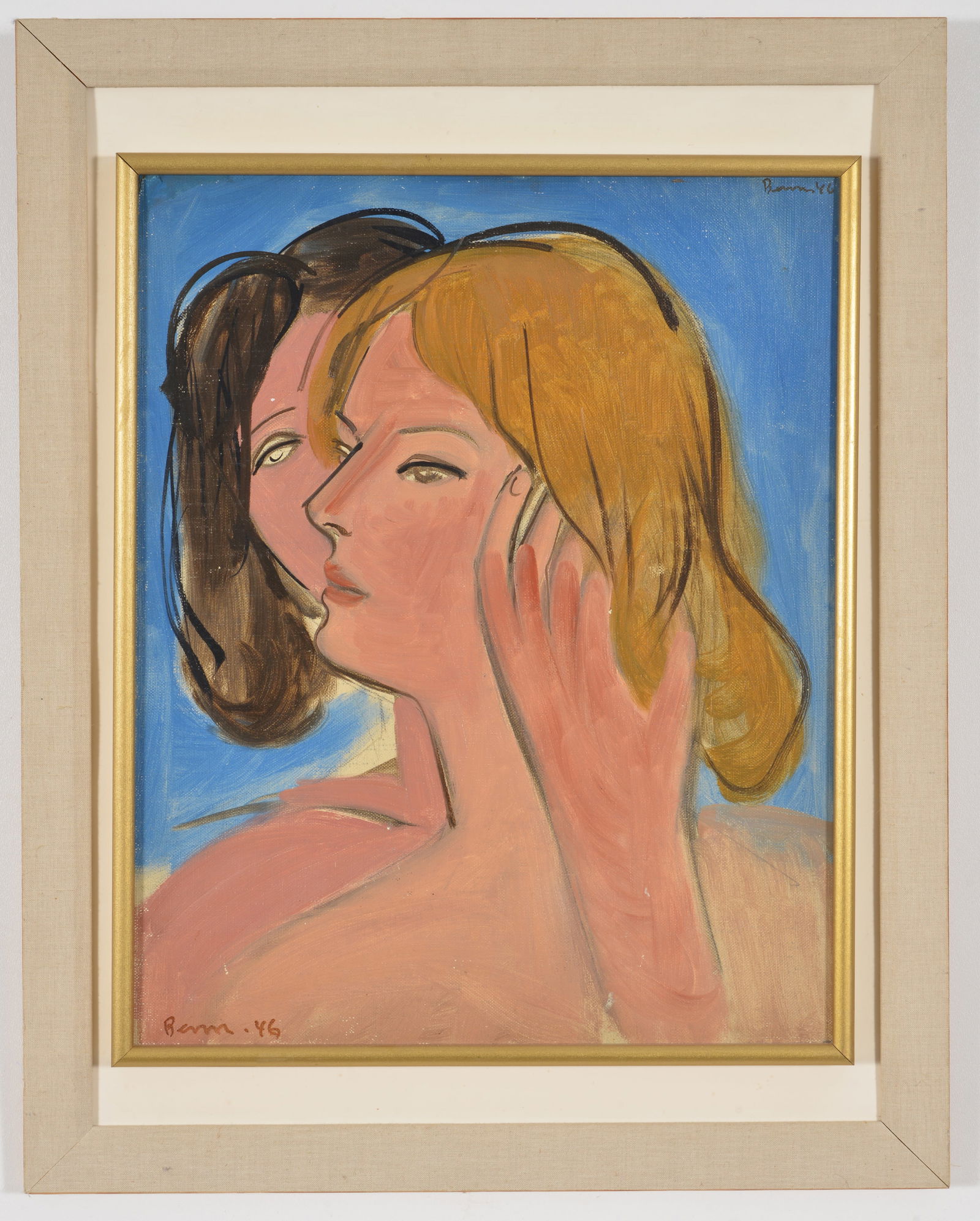 Ben Benn. Ukrainian-American. 1946 portrait of 2 women. Oil on canvas. Signed and dated lower left,: Ben Benn. Ukrainian-American. 1946 portrait of 2 women. Oil on canvas. Signed and dated lower left, signed upper right. Framed. Sight: 20 x 16in. Overall: 27 x 21in.