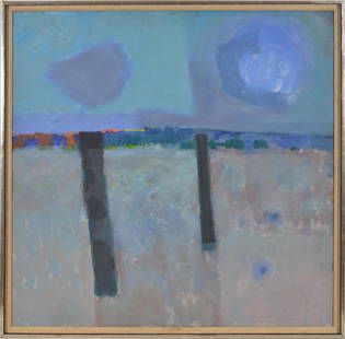Colin Middleton. Ireland. "Dundrum, County Down". Large abstract coastal landscape. Oil on masonite.: Colin Middleton. Ireland. "Dundrum, County Down". Large abstract coastal landscape. Oil on masonite. Monogram lower right. Inscribed on reverse. Image: 36 x 36in. Overall: 38 x 38in. Some flaking and
