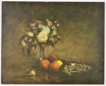 Dennis Sheehan. Large still life with fruit and vase of flowers. Oil on canvas. Signed lower right.