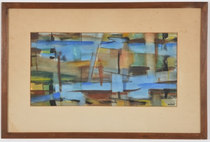Murray Hantman. Maine. Mid 20th century abstract watercolor landscape. Signed lower right. Framed